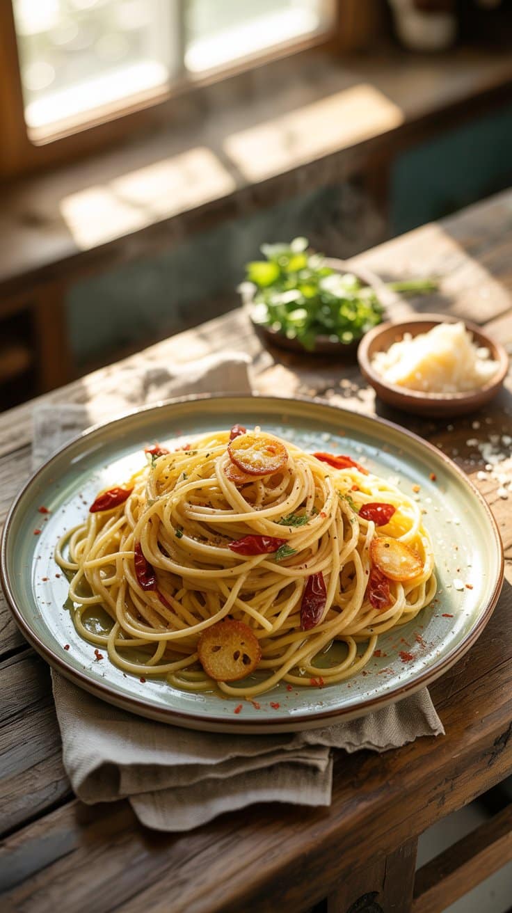 Assiette de spaghetti avec ail et piment.
