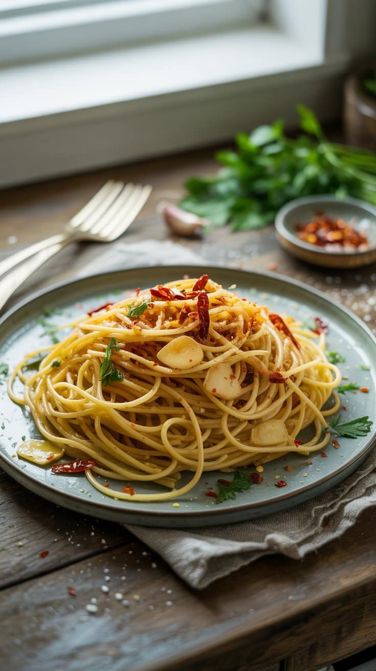 Assiette de spaghettis à l'ail et piment décorée.