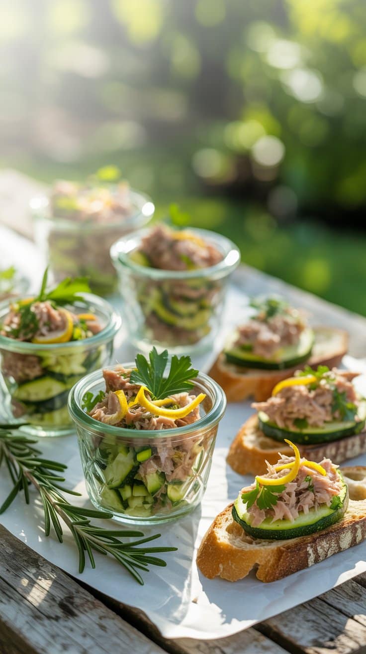 Salade de thon, concombre et citron en verrines.