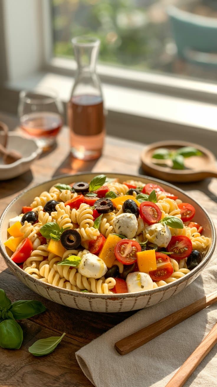 Salade de pâtes italiennes avec légumes et fromage.