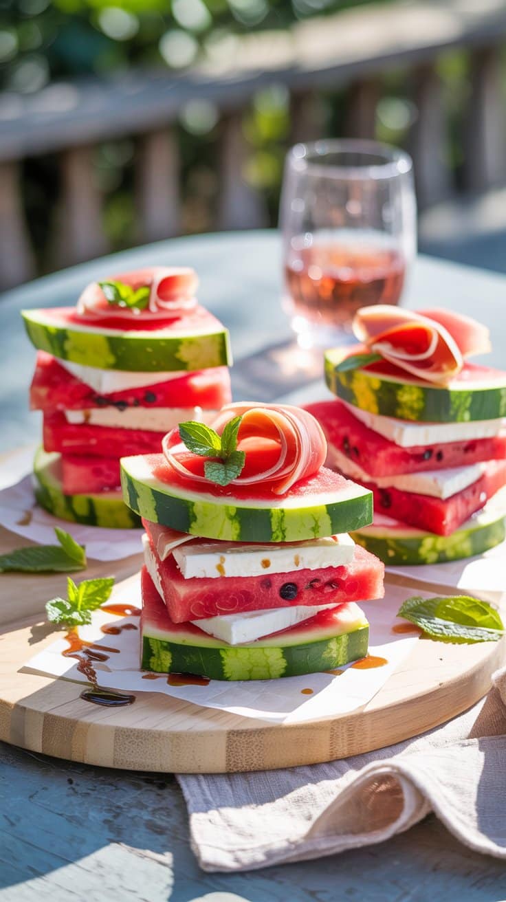 Salade de pastèque, feta et jambon sur plateau.