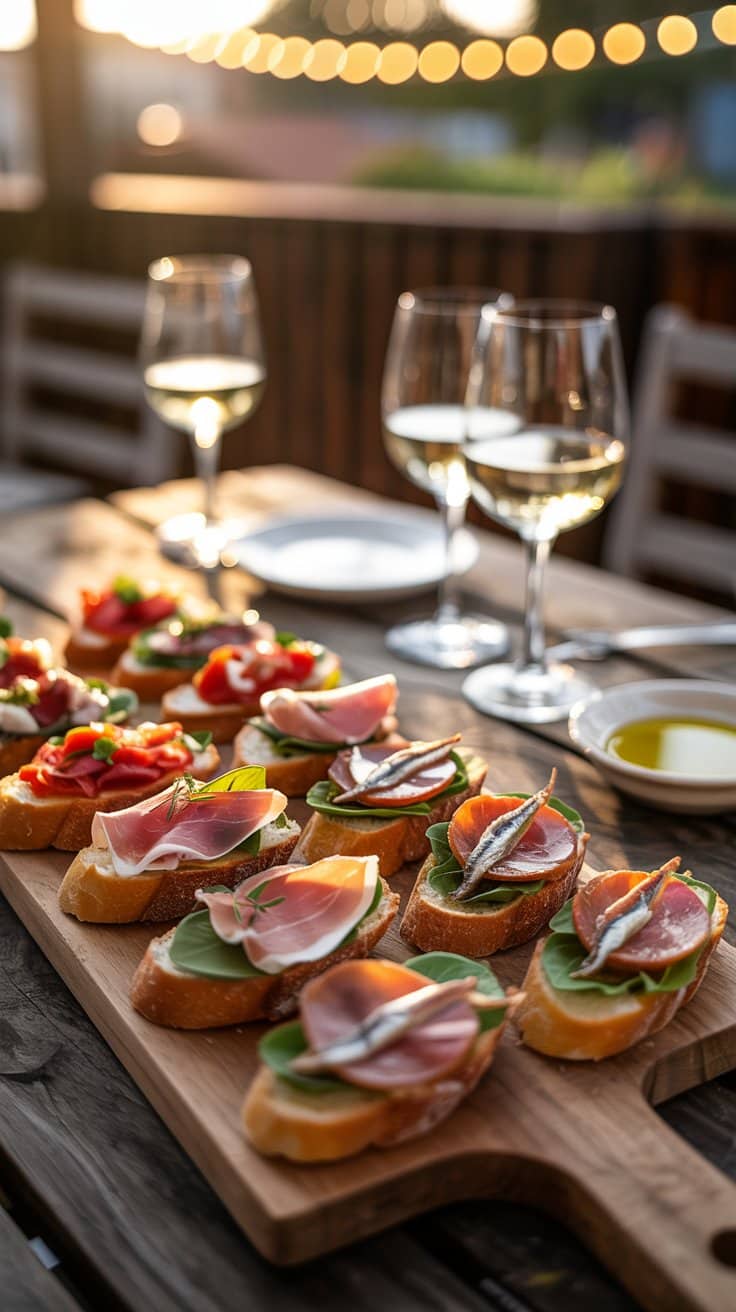 Apéritif sur terrasse avec vin blanc et tapas.