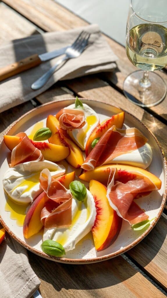 Salade de pêches, fromage et jambon sur assiette.