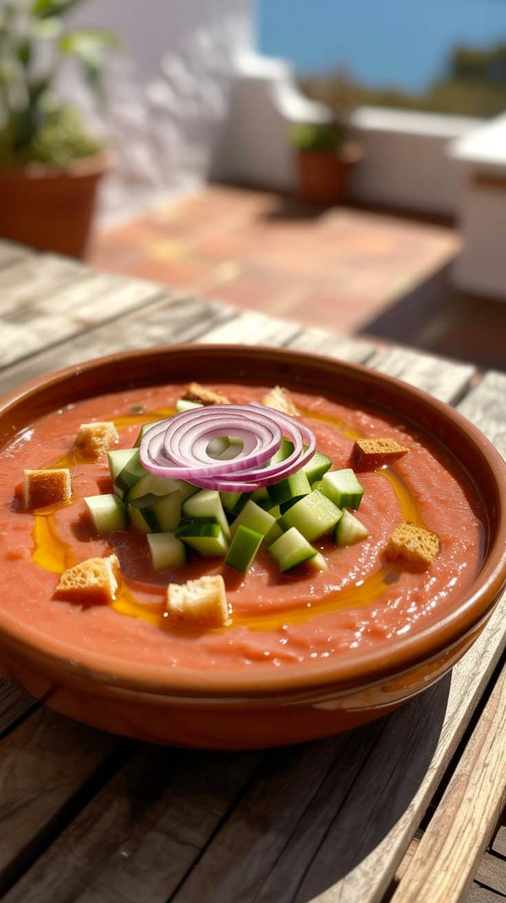 Gazpacho garni de légumes et croûtons.