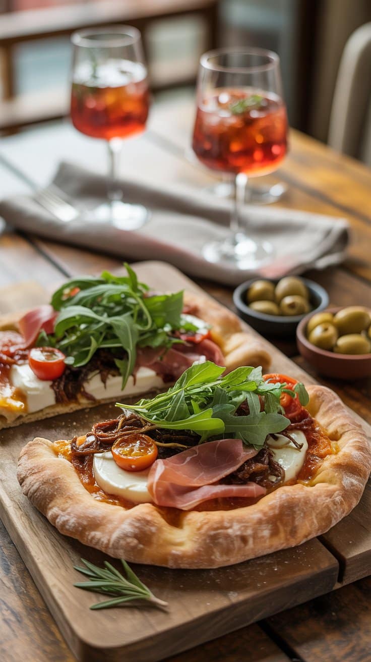 Pizza gourmande avec roquette et prosciutto.
