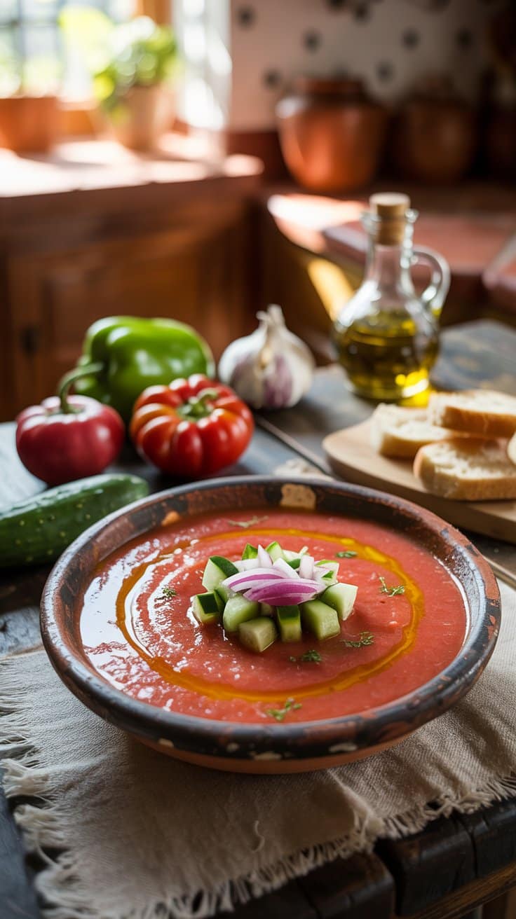 Gaspacho garnie de légumes frais et huile d'olive.