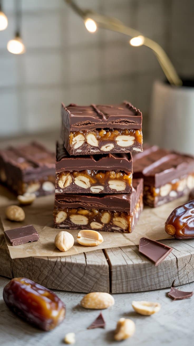 Barres chocolatées aux cacahuètes sur une table.