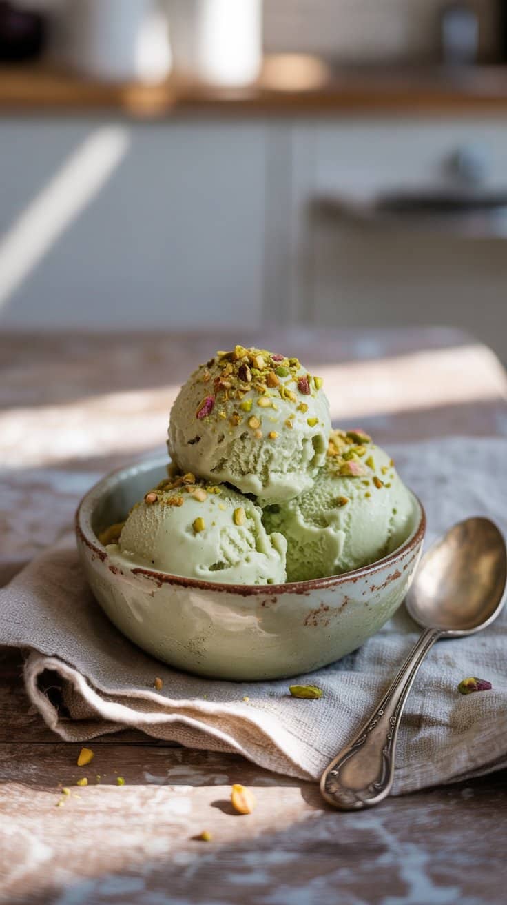 Glace pistache dans bol avec des pistaches.