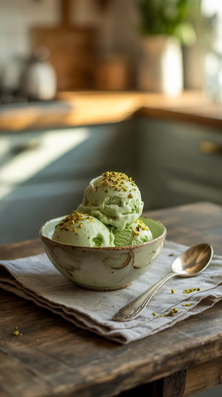 Glace pistache dans bol avec cuillère argentée.