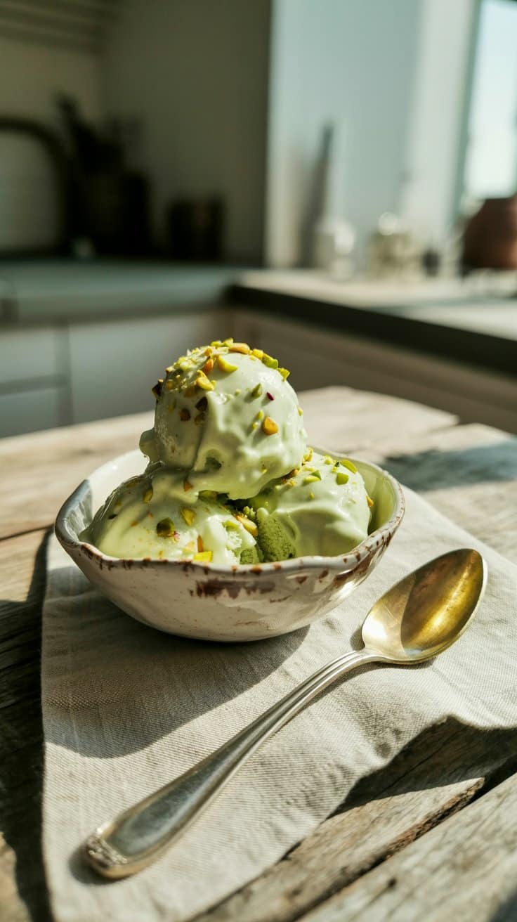 Glace pistache avec éclats de pistaches, cuillère dorée.