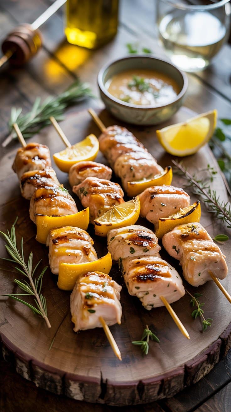 Brochettes de poulet aux herbes et citron sur plat.