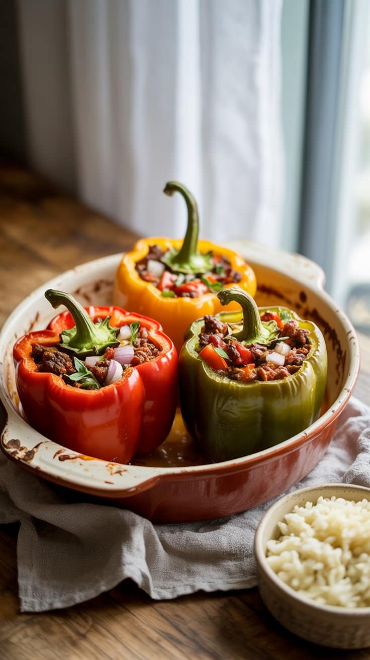 Poivrons farcis colorés avec garniture, plat en céramique.