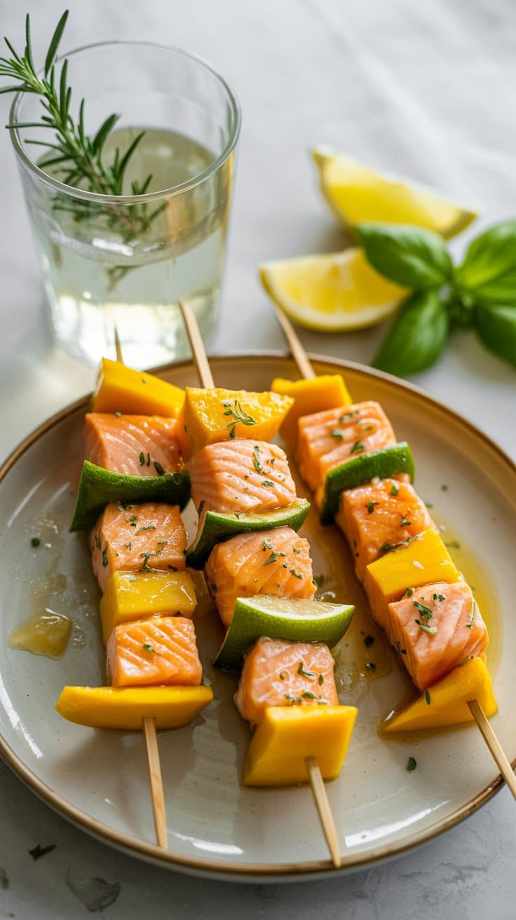 Brochettes de saumon et mangue, avec citron.