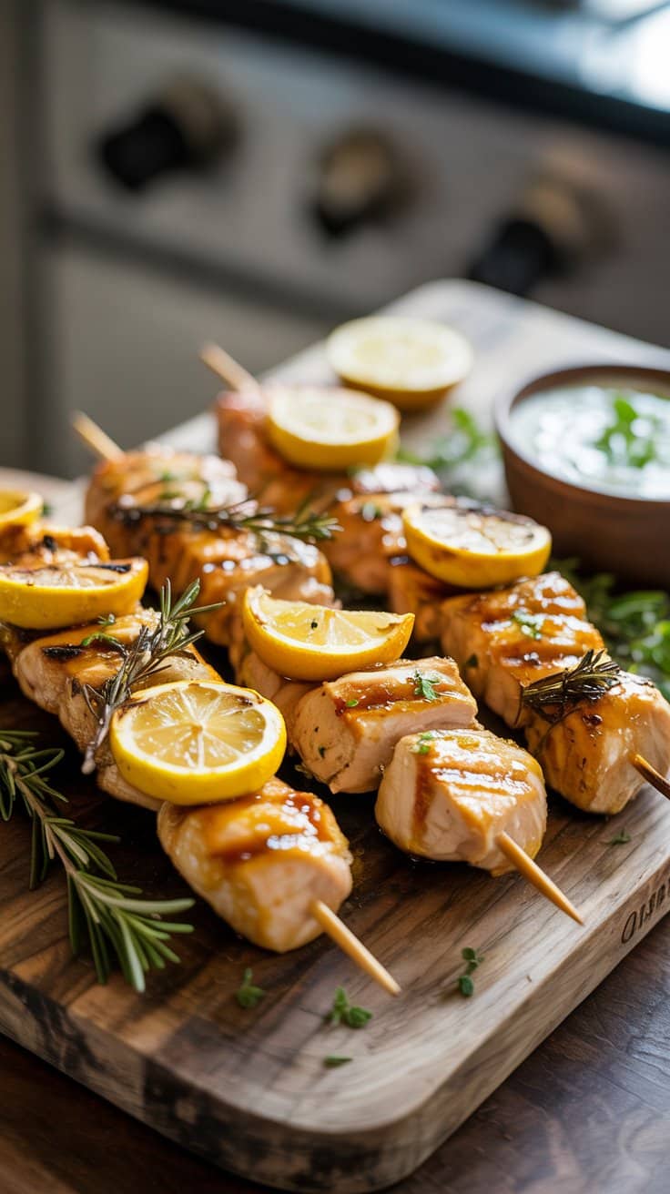 Brochettes de poulet au citron et romarin grillées.