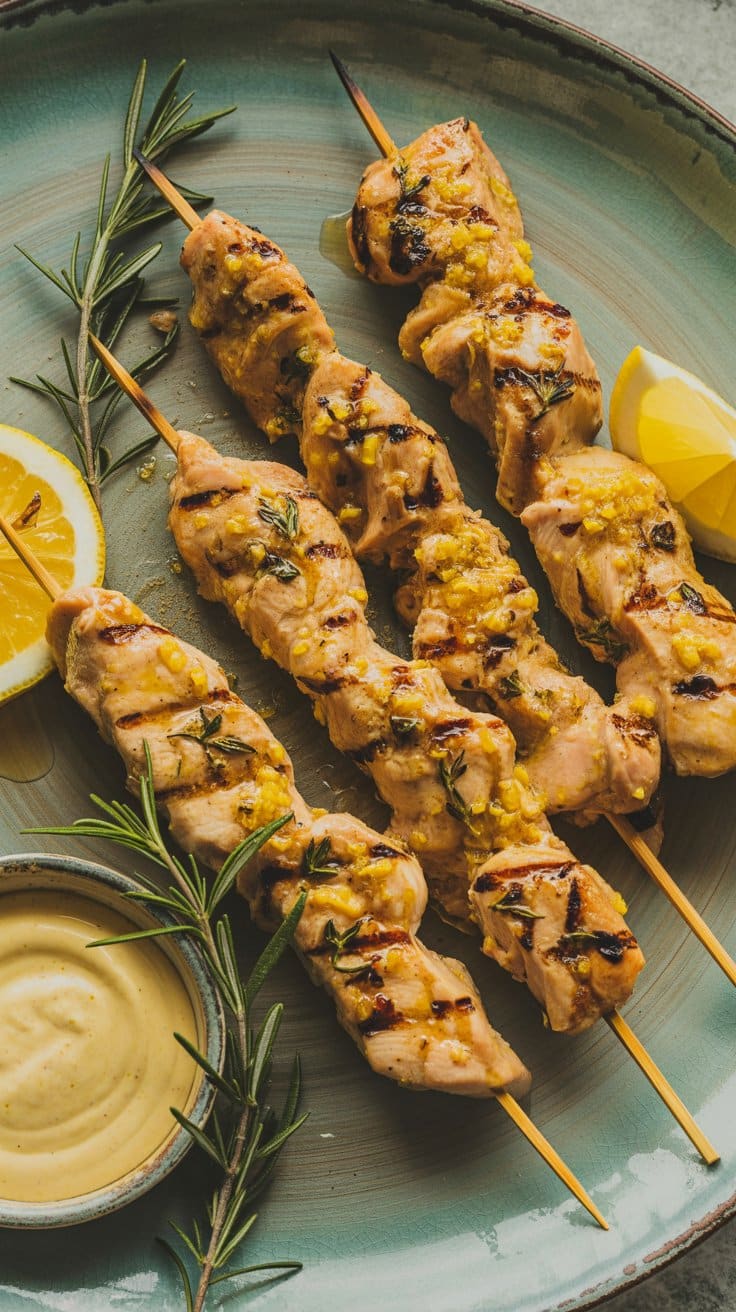 Brochettes de poulet grillées avec citron et sauce.