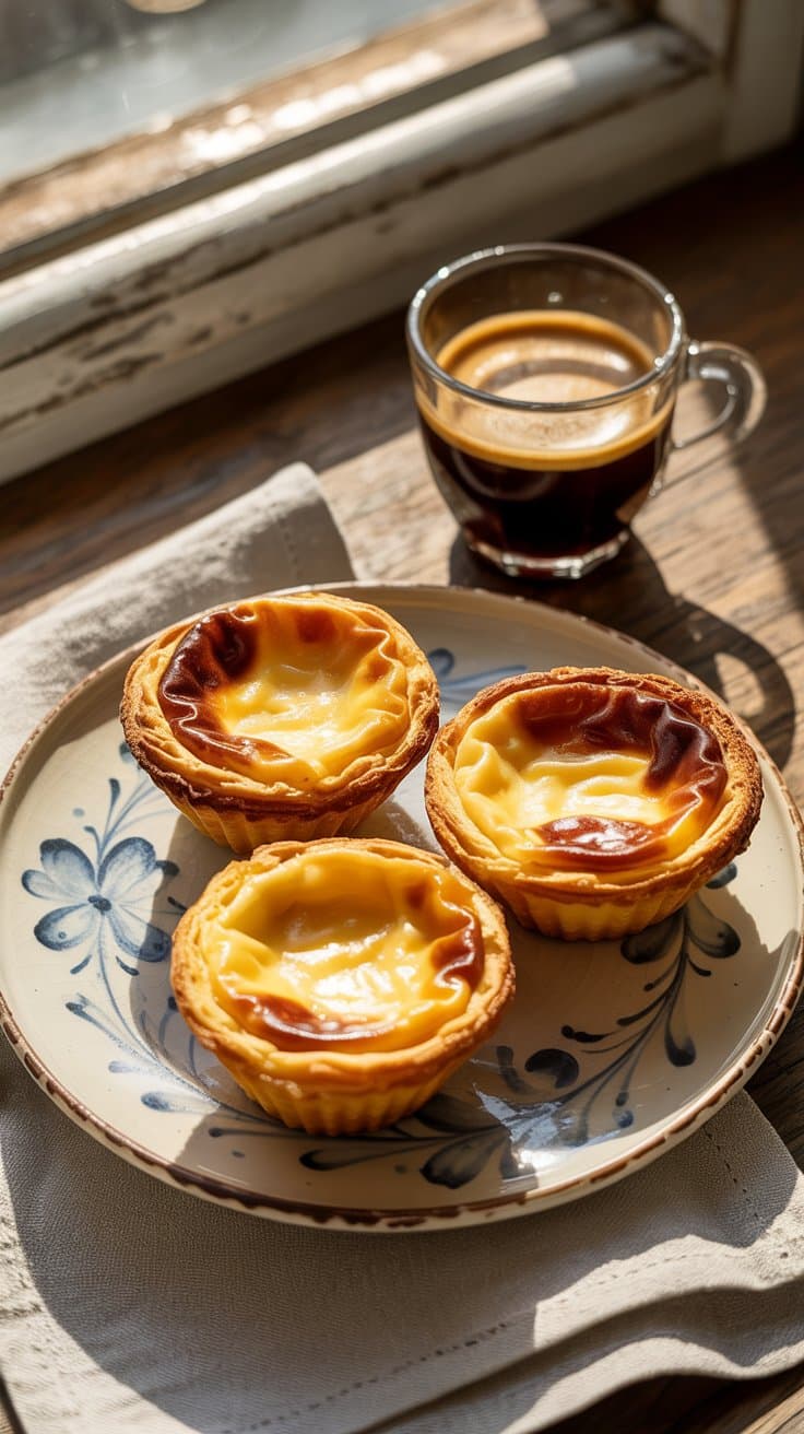 Tartes aux œufs avec café expresso.