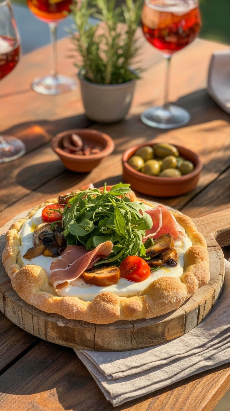 Pizza garnie de roquette, jambon et tomates cerises.