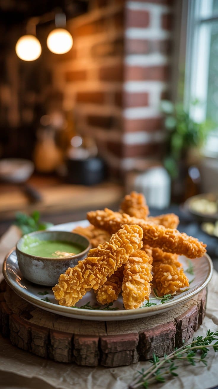 Poulet frit avec sauce verte sur assiette.