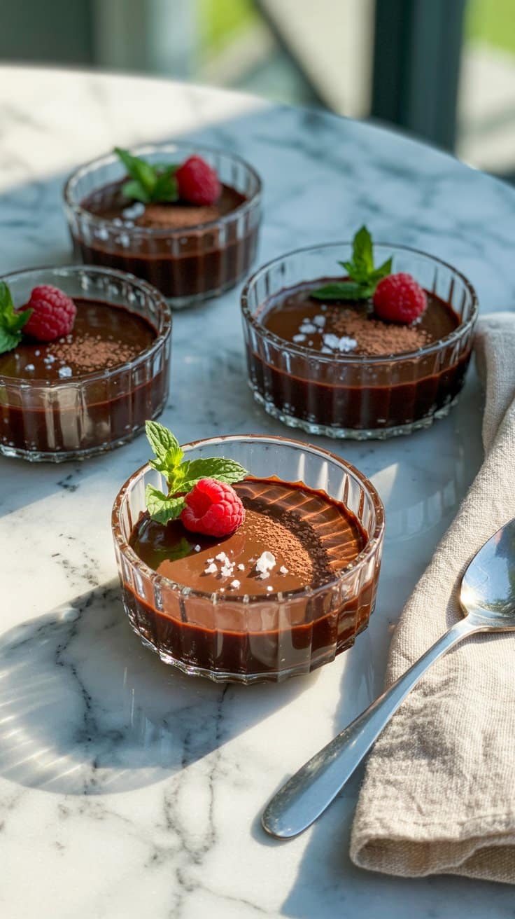 Desserts au chocolat avec framboises et menthe.
