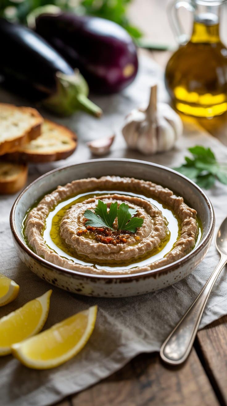 Assiette de baba ganoush avec citron.