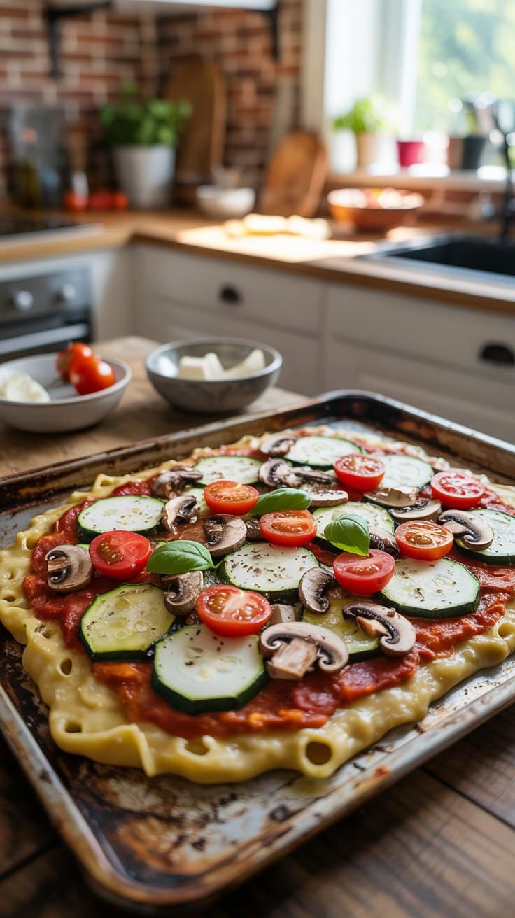Pizza aux légumes frais sur une plaque.