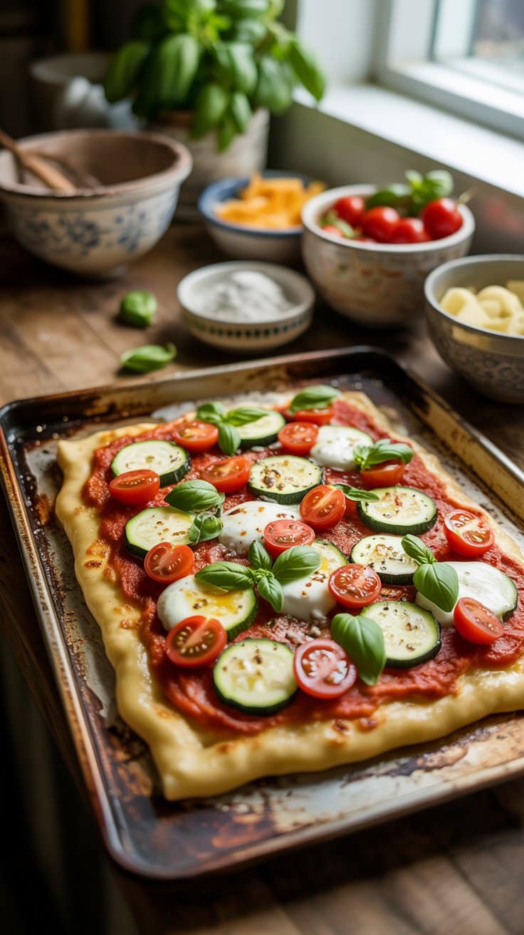 Pizza maison aux légumes colorés sur une plaque.