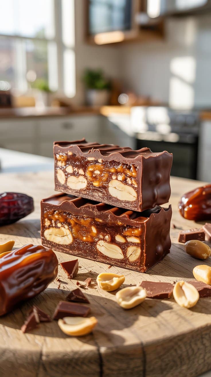 Barres chocolatées avec cacahuètes et caramel.