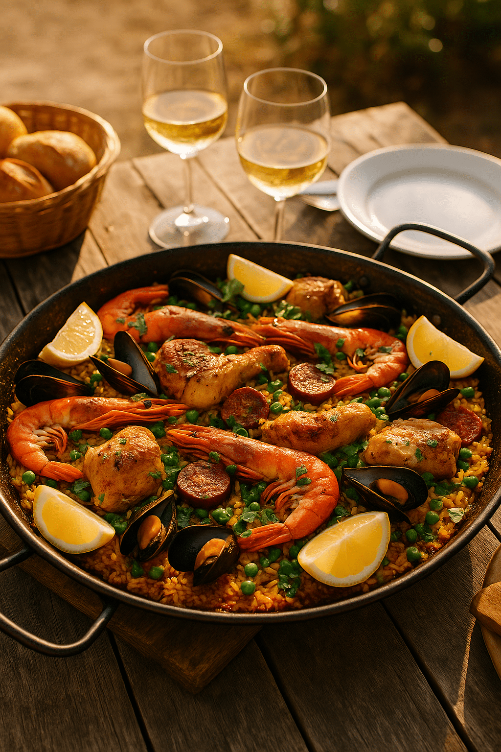 Paella espagnole avec fruits de mer et poulet.