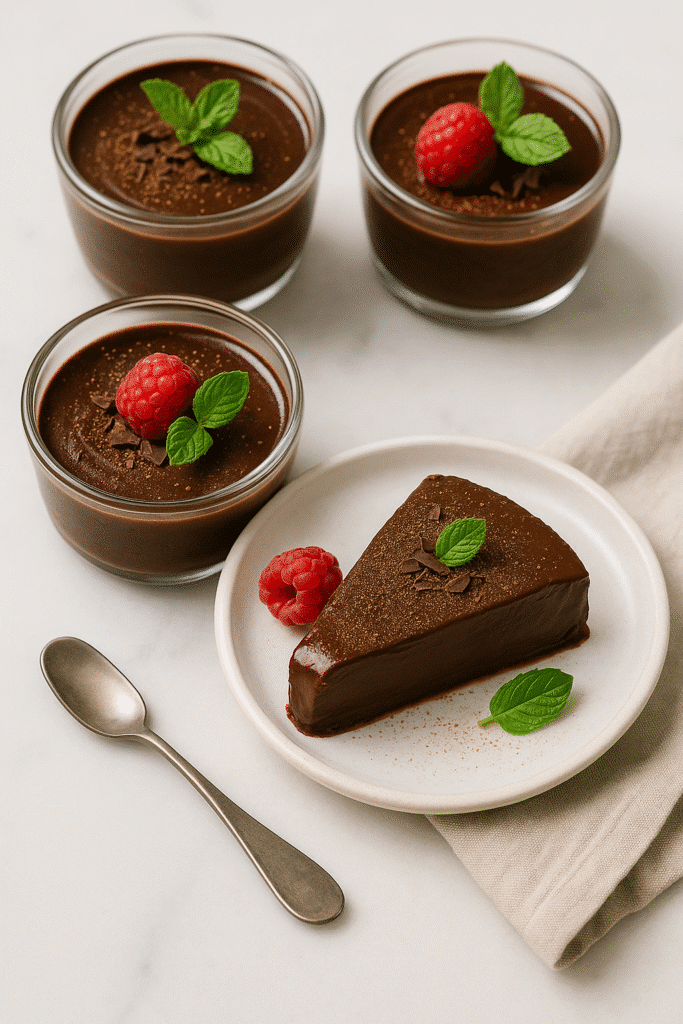 Desserts chocolat avec framboises et feuilles de menthe.
