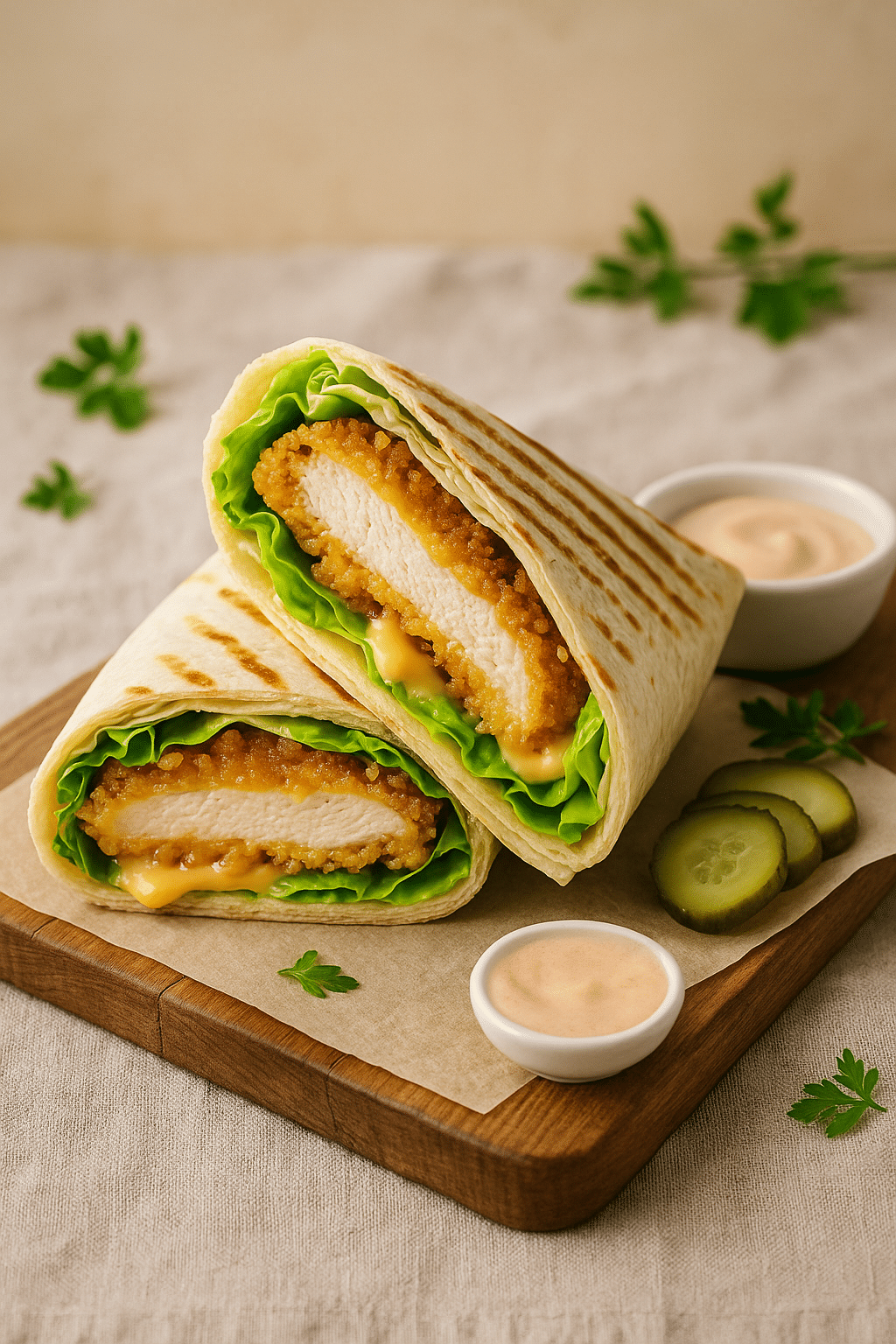 Wrap de poulet avec sauce et cornichons.