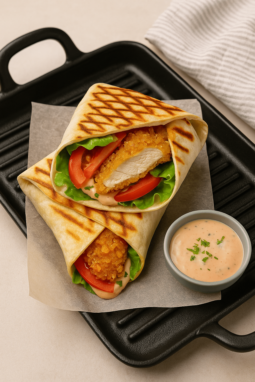 Wraps poulet frit, laitue, tomate, sauce.