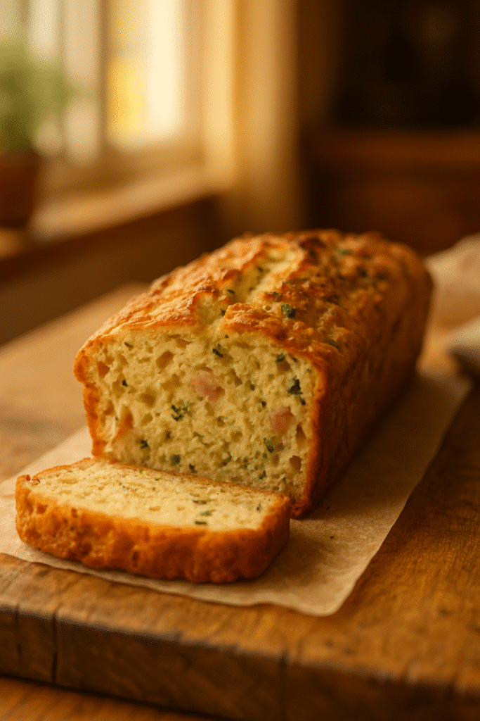 Cake salé aux herbes et jambon sur table.