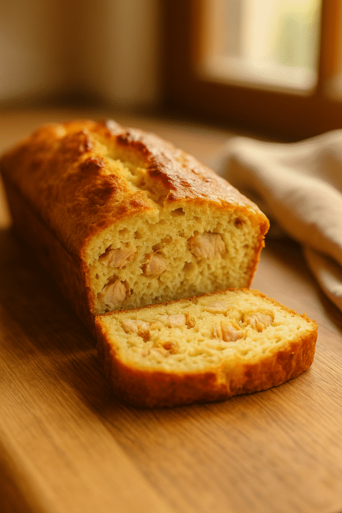 Cake salé aux morceaux de poulet dorés.