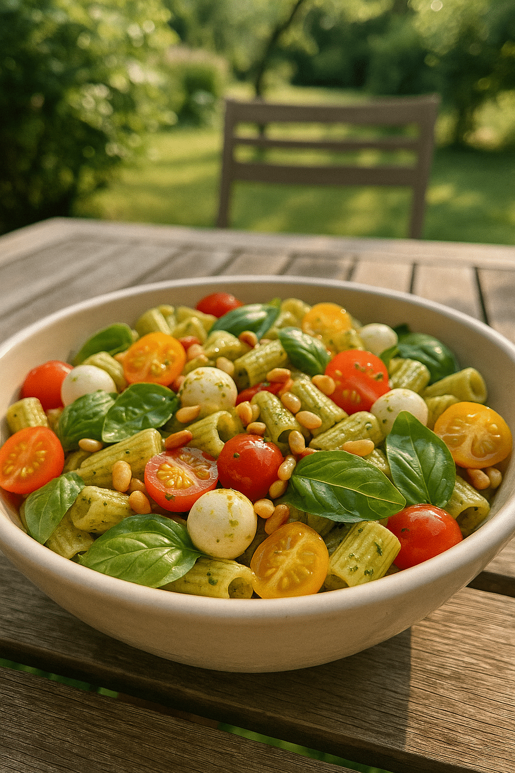 Salade de pâtes colorée avec tomates et basilic.