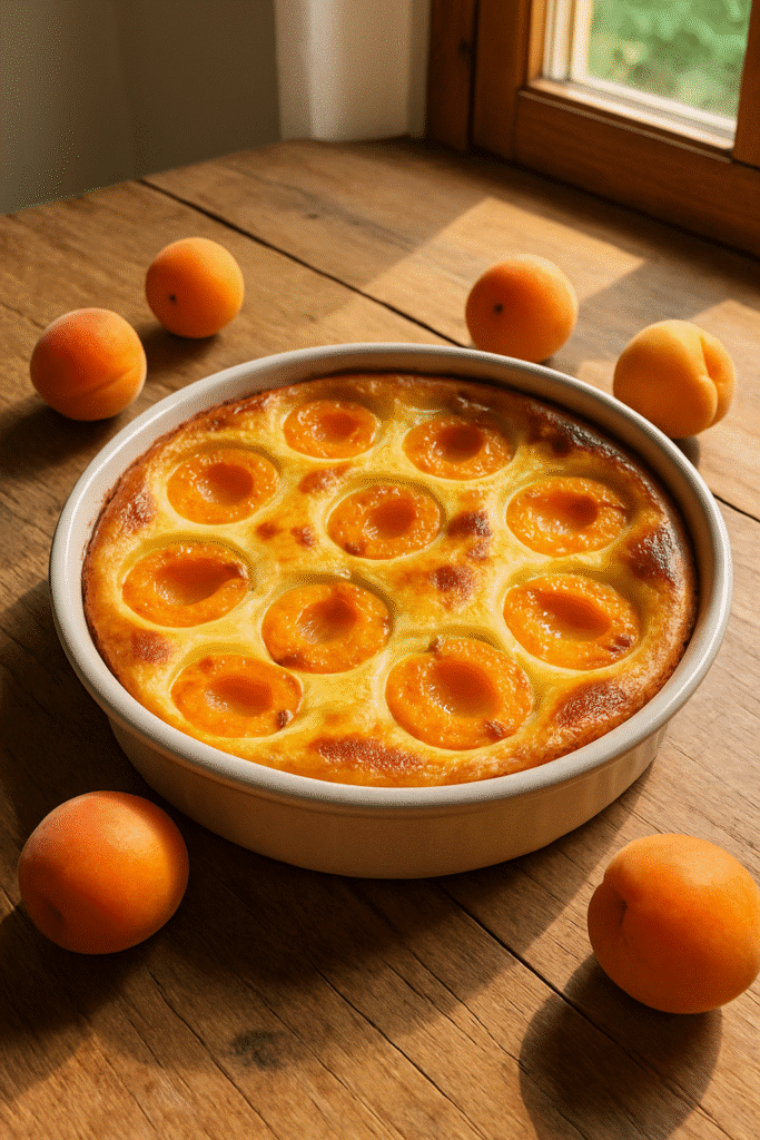Clafoutis aux abricots sur table en bois.