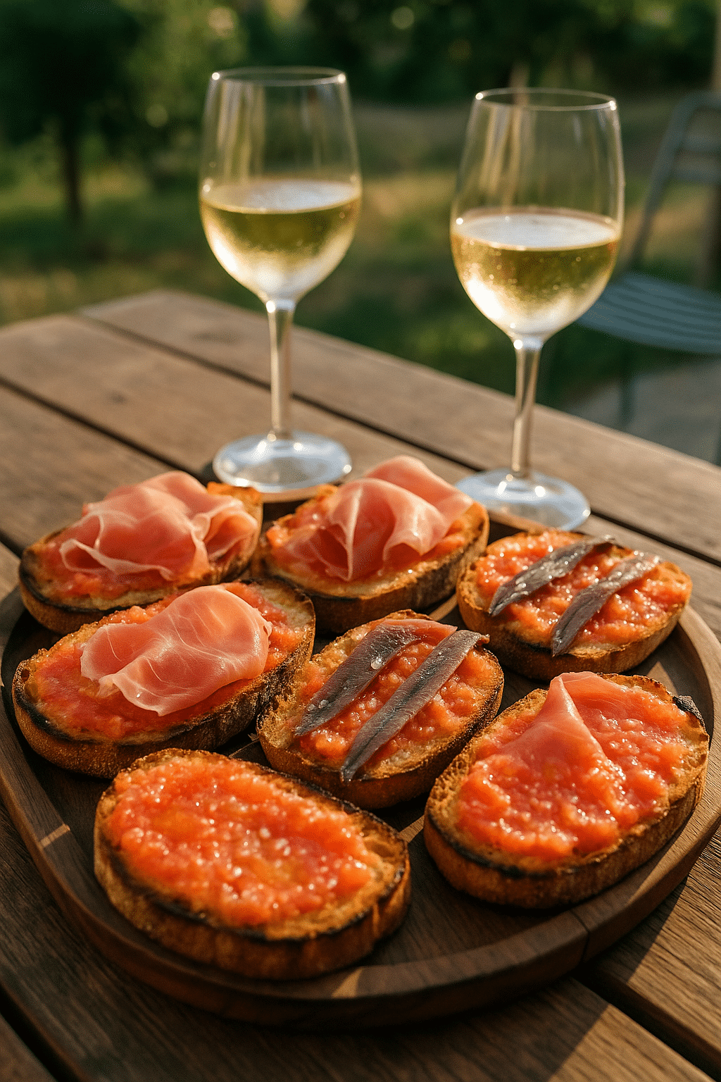 Toasts au jambon et anchois avec vin blanc