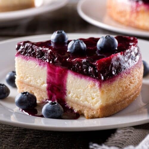 Cheesecake aux myrtilles sur assiette blanche.