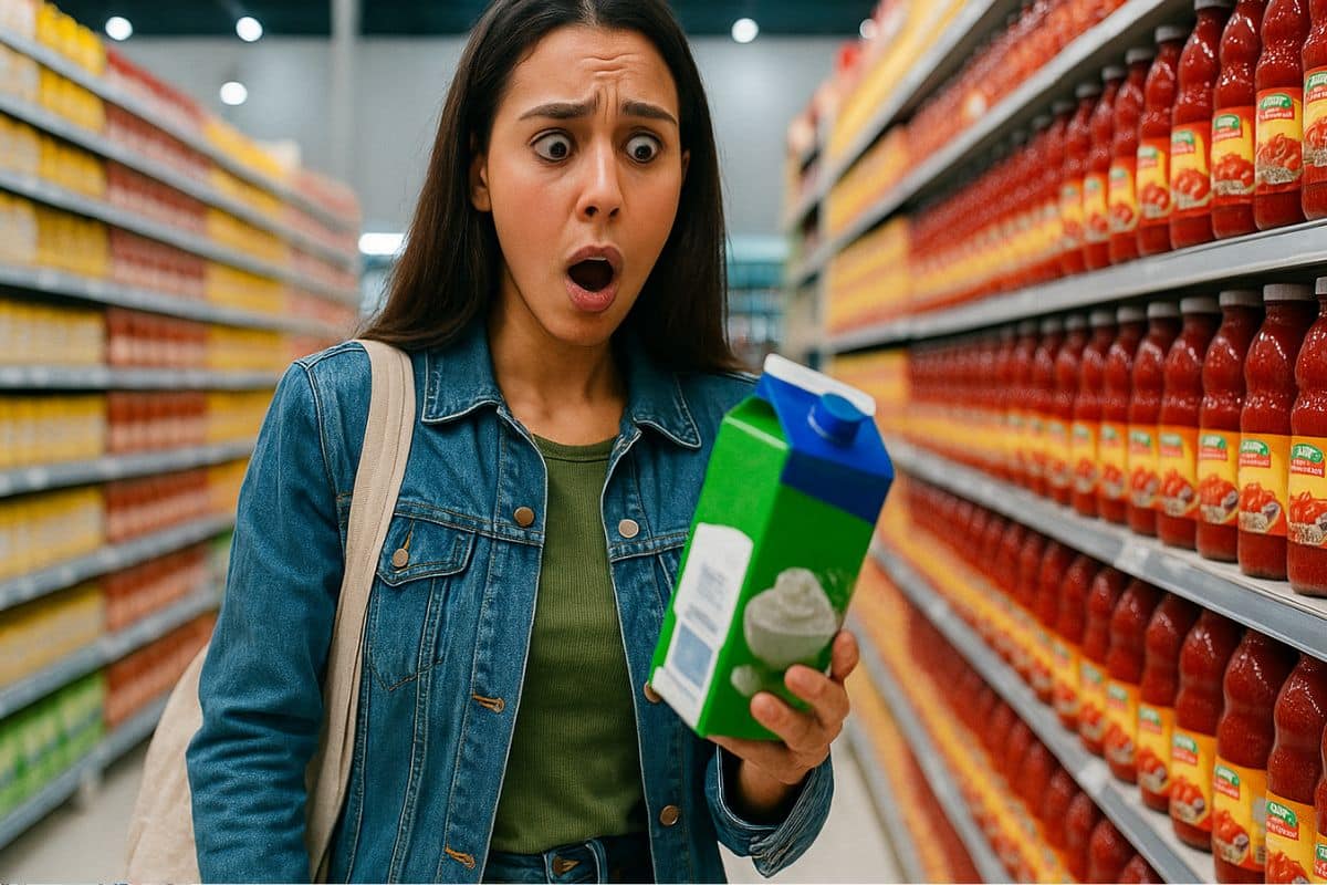Femme surprise tenant un carton dans un supermarché.