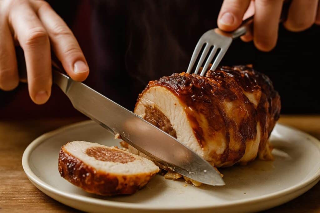 Personne tranche rôti de viande juteux.