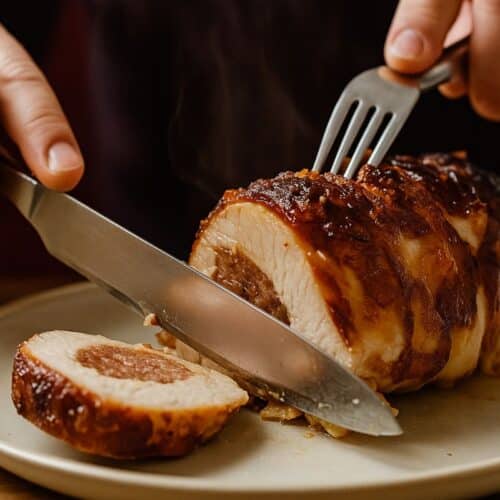 Personne tranche rôti de viande juteux.