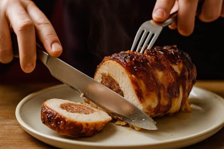 Personne tranche rôti de viande juteux.