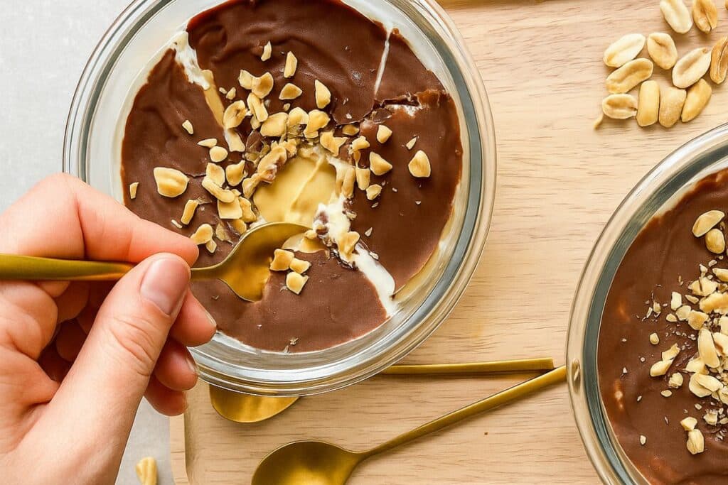 Dessert chocolat et cacahuètes dans un bol.