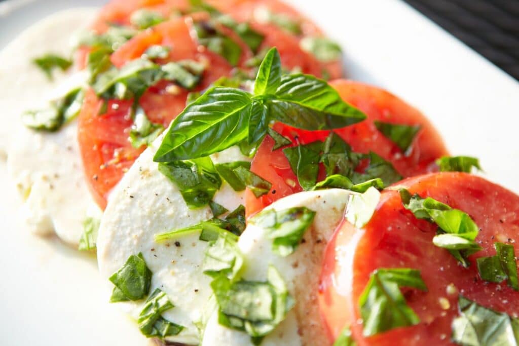 Salade caprese : mozzarella, tomates, basilic, assiette blanche.
