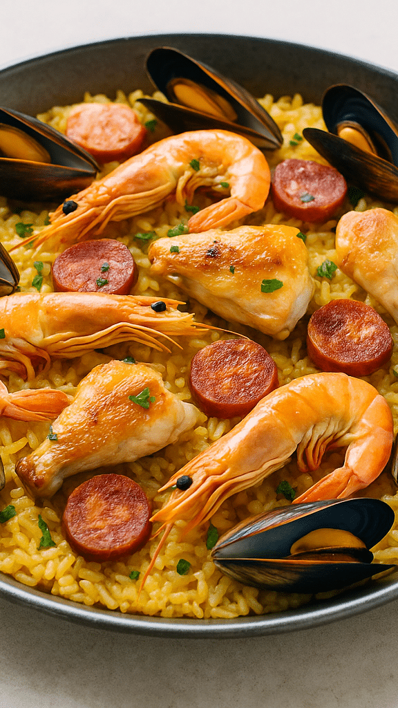 Paella avec fruits de mer et saucisses.