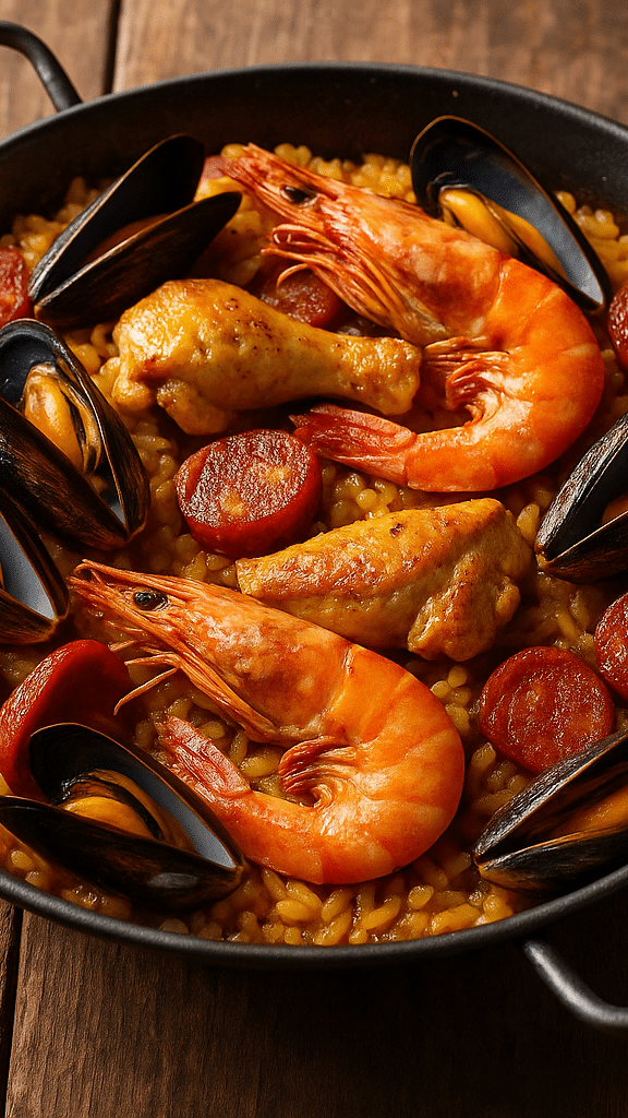 Paella aux fruits de mer et poulet