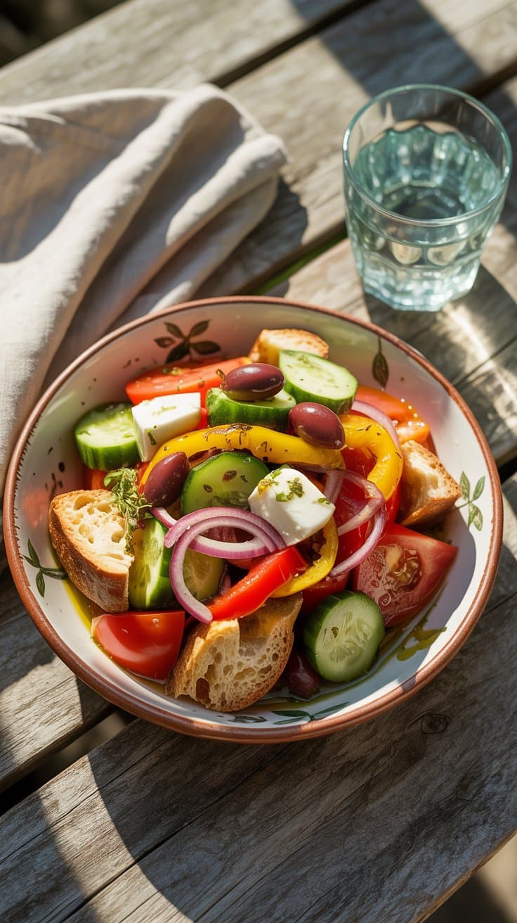 Salade grecque colorée sur table en bois.