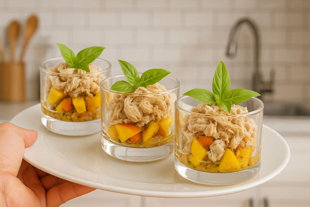 Verrines de poulet et mangue fraîches.