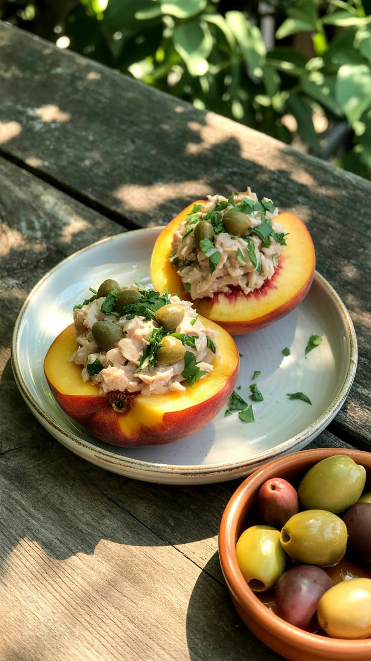 Pêches farcies au poulet avec olives et persil.