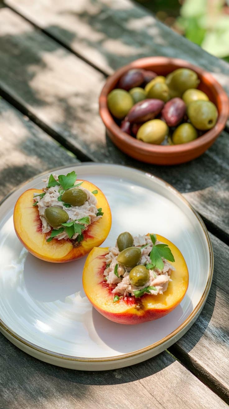 Pêches garnies de thon et olives sur assiette.