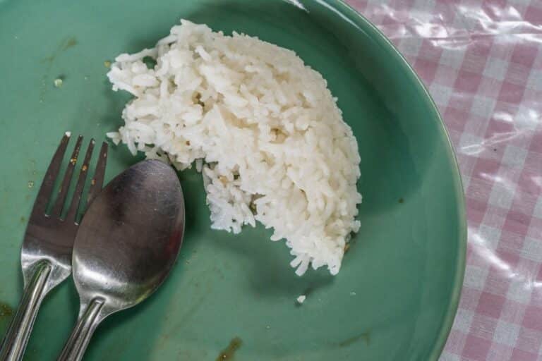Assiette verte avec riz et couverts.
